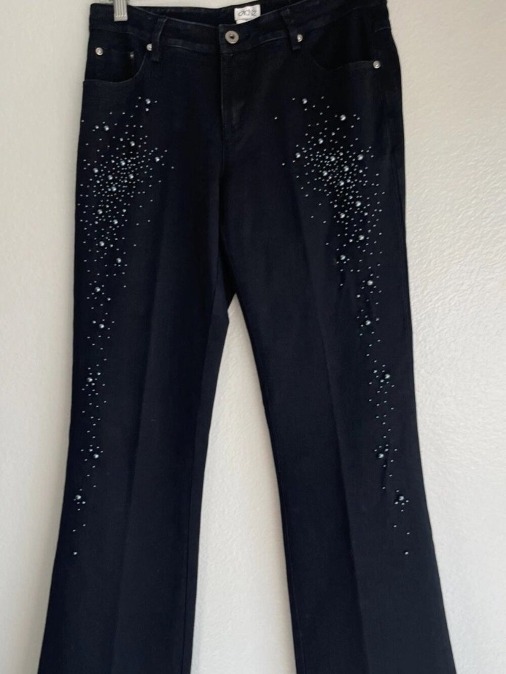 Cache Embellished Flare Jeans Size 4 Y2K Faux Pearl Beaded Black Denim Pants